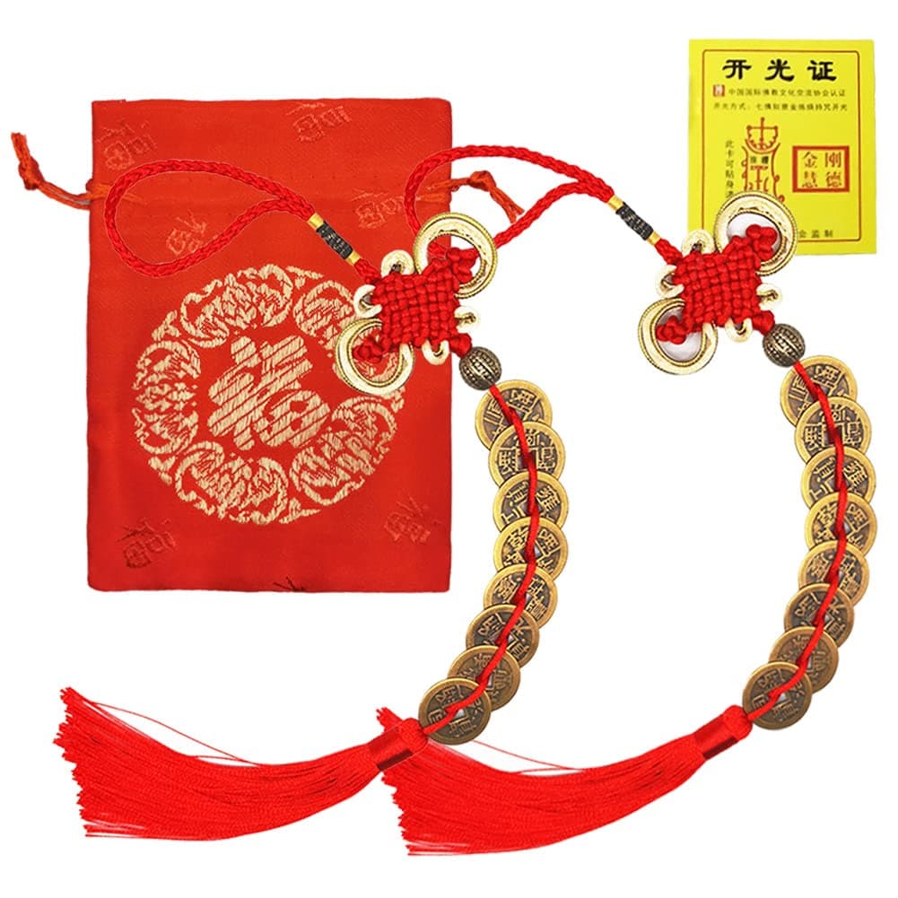 2 Pcs8 Coins Chinese Feng Shui Lucky Coins Brass Money Coins with Red Enless Knot Decoration for Longevity Travel Safely Wealth Success Luck Chinese New Year Emperor Money Home Office Decorations