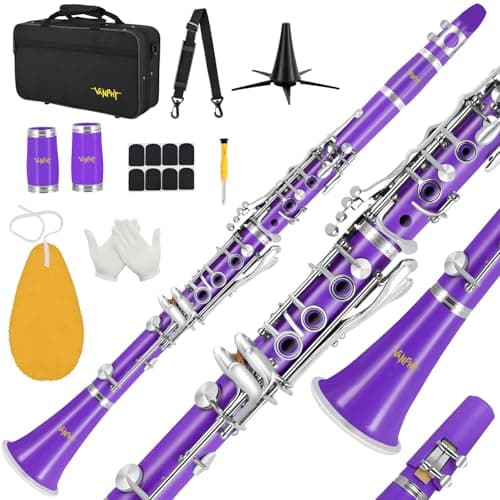 Bb Clarinet For Beginners Students B Flat Clarinet 17 Keys Clarinet with Case Stand Strap 2 Barrels 8 Mouthpiece Cushion White Gloves(Purple)