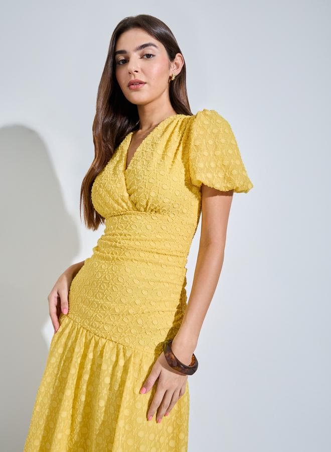 Yellow Dobby Flared Midi Dress