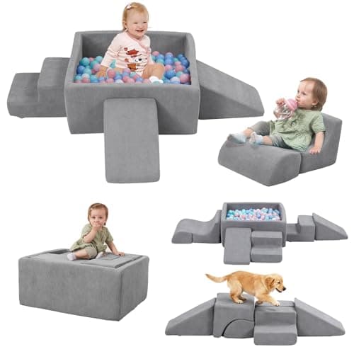MOOZHEALTH Baby Climbing Blocks with Ball Pit 6Piece Foam Climb Crawl Play Set for Toddlers 13 Modular Soft Play Equipment with Washable Cover Indoor Activity Toys Gray Balls Not Included