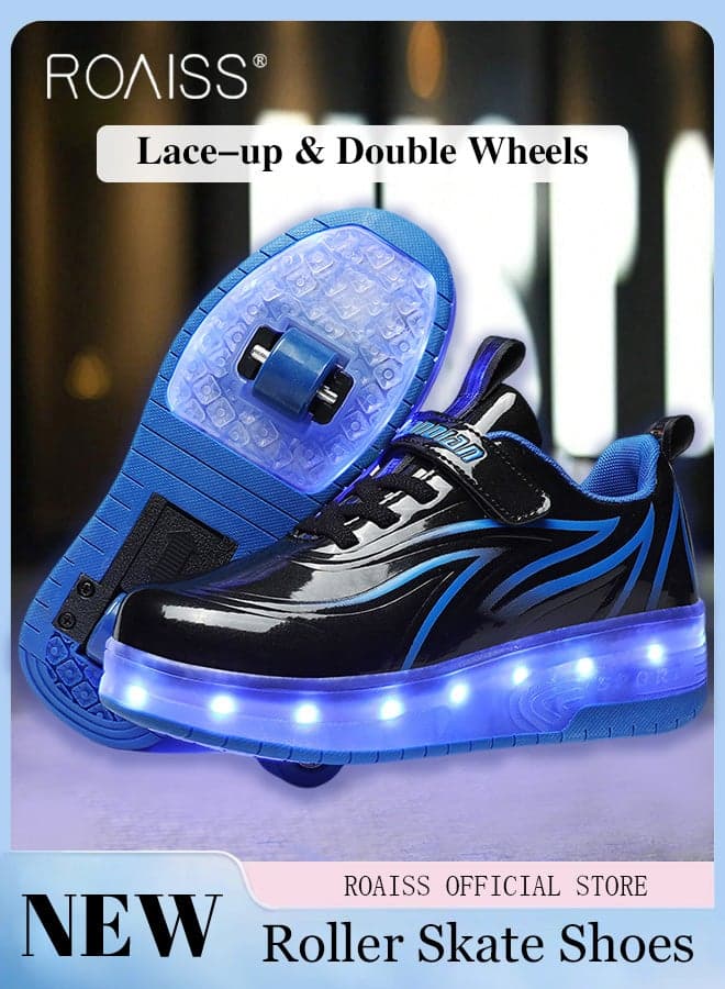 Kids Unisex Double Wheel Roller Skates Shoes with LED Light Rechargeable Velcro Sneakers for Children Outdoors Luminous Shoes with Detachable Roll Wheels Low Top Sneaker Black
