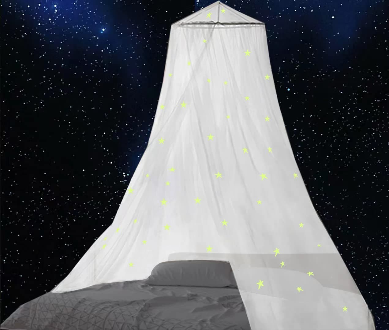 BCBYou Bed Canopy Mosquito Net with Fluorescent Stars Glow in Dark for Baby Kids and Adults for Cover The Baby Crib Kid Bed Girls Bed Or Full Size Bed White