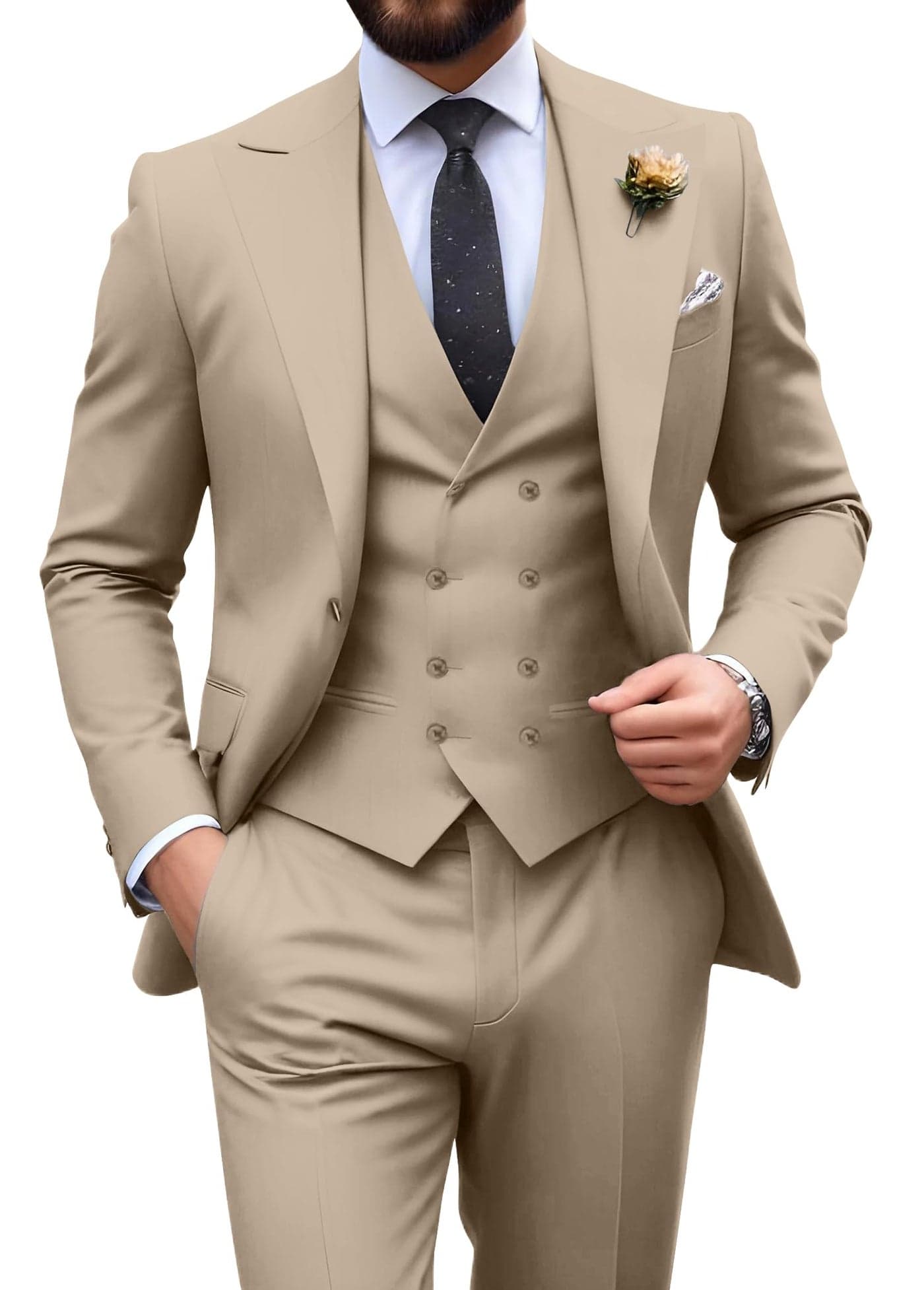 Mens Tuxedo Suit 3 Piece Slim Fit Champagne Double Breasted Vest Pants Suit Set Formal Wedding Prom Suit X-Large