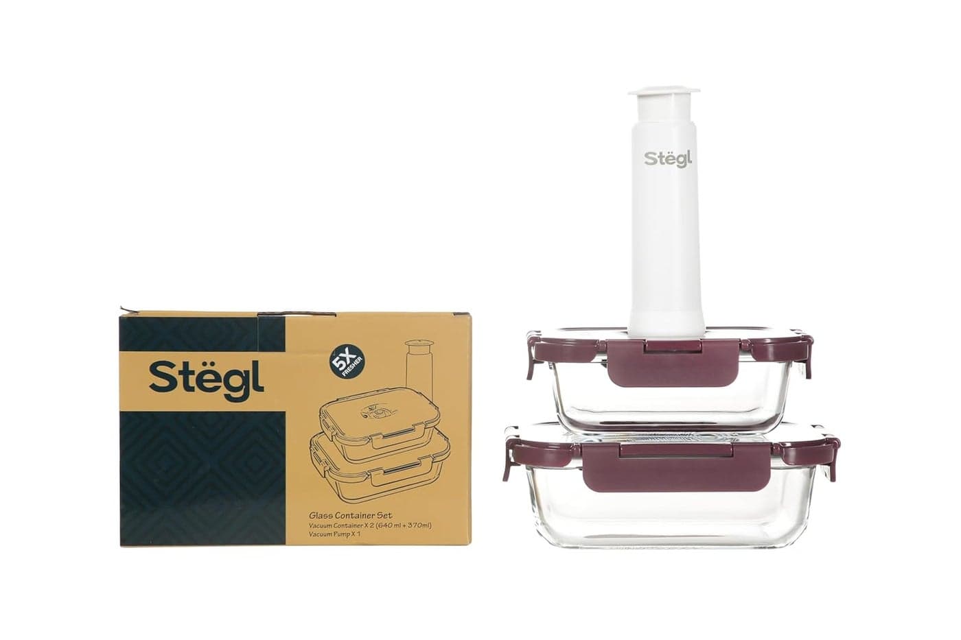 Stgl Vacuum Containers Winecolored 2piece set 370ml 640ml with vacuum pump Microwave Dishwasher Safe 5x Longer Freshness BPAfree Glass German Engineered