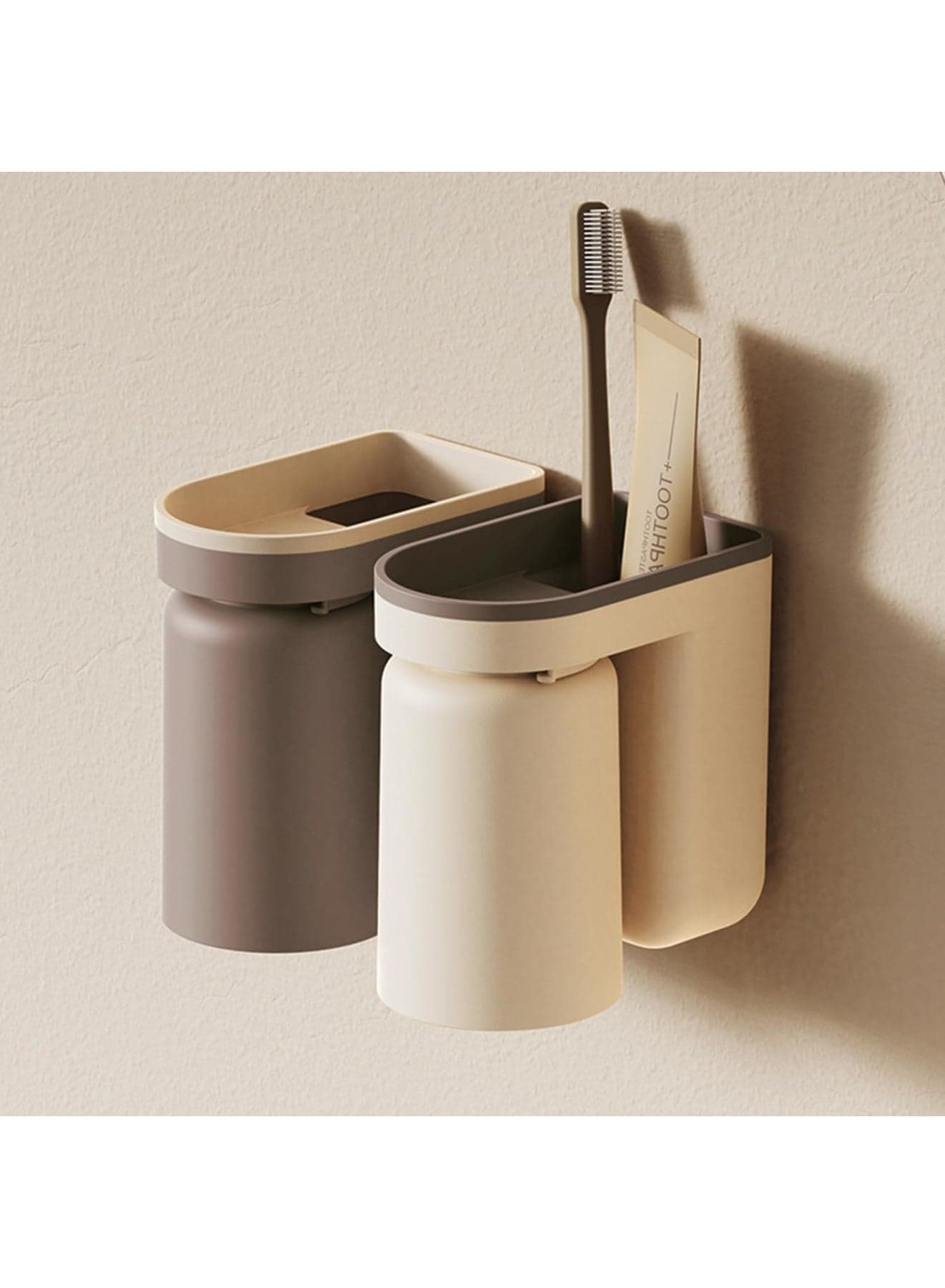 Toothbrush Holder for Wall Mounted with Cup, 2-in-1 Bathroom Organizer Set, Inverted Design for Drainage and Easy Cleaning, Stick-on Toothbrush Rack with Cups for Family Use, Beige+Coffee
