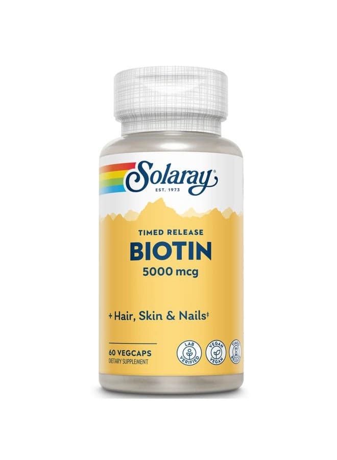 Solaray Biotin 5000 mcg | Timed Release | Fast-Acting, Long-Lasting Healthy Hair, Skin & Nails Support | 60 VegCaps
