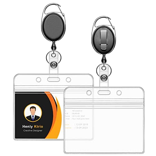 KTRIO ID Badge Holders with Metal Clip and Keyring - Horizontal Clear Plastic ID Badge Holders (3.7" x 2.4") with Retractable 24" Pull Cord for Office, School, 2 Pack