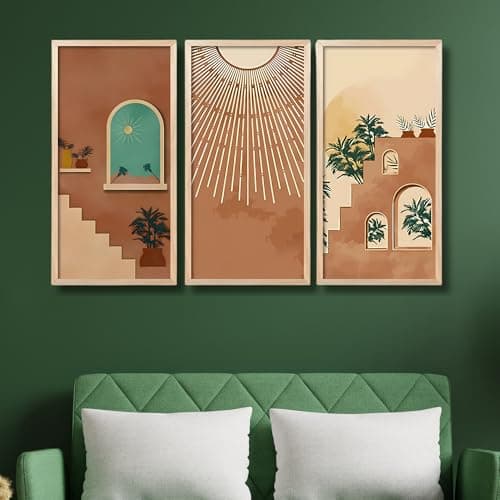Nozvera Boho Modern Art Wall Painting Set of 3 Pcs With Frames | Big Size Long Frames | Modern Art Wall Hanging | Abstract Boho Frame Set | Home Wall Decor Items for Office, Living Room & Bedroom