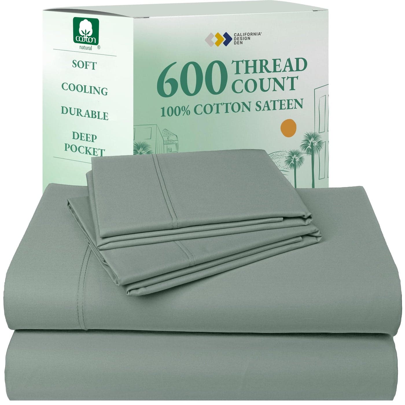 California Design Den California King Sheet Set 100 Cotton 600 Thread Count Deep Pocket Cal King Sheet Set Luxury HotelQuality Sheets with Soft Sateen Weave Sage Green Cool Tone