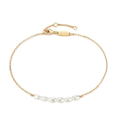 MEVECCO Women Gold Anklet Boho Delicate Handmade 18k Gold Plated Dainty Beach Pearl Foot Chain Ankle Bracelet Adjustable Wafer Anklet for Women ANK-Pearl