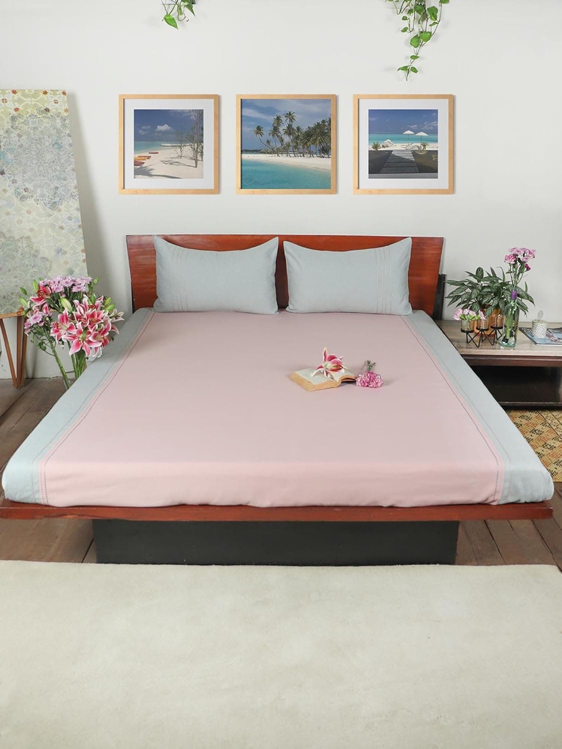 ZEBA World Cotton Blend Hand Embroidered Bedcover for Double Bed with 2 Pillow Covers Chawal Taka Duckegg Pink with Blue Pillows Bedcover 90 x 108inches 75x9ft Pillow 17x27in