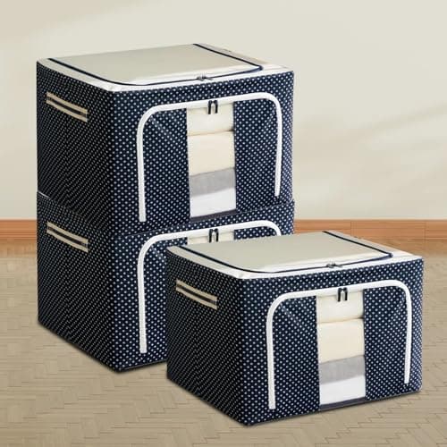 INFERNO® 66L Wardrobe Organizer Storage Box Pack of 03 (50×40×33 cm), Foldable Clothes Storage with Zipper & Handle, Blue