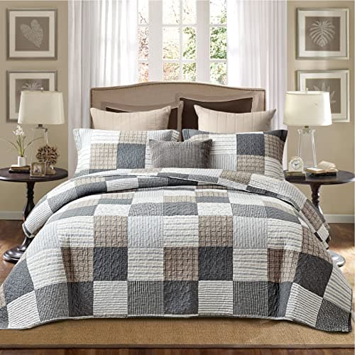 PANGUSHAN Twin Size Quilt Set100 Cotton QuiltPatchwork Plaid Quilt Bedding Set BedspreadsGrayGreyBlackTanWhiteCream Quilt for Twin BedReversible Lightweight Comforter Bed Set2 Pieces