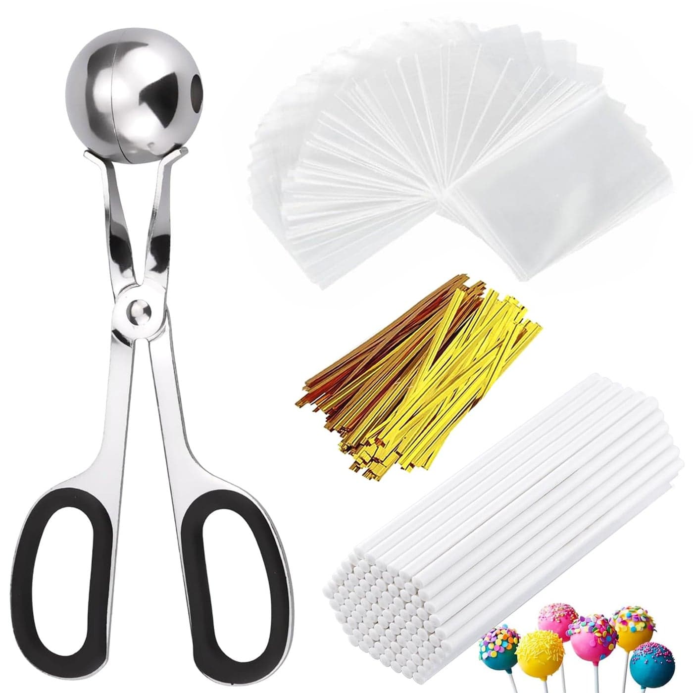 Lollipop Cake Pop Treat Bag Kit Including 100Pcs Cake Pop Sticks 100Pcs Parcel Bags 100Pcs Twist Ties and 1 Cake Pop Mold Cake Pop Maker Tools for Lollipops Candies Chocolates Cookies