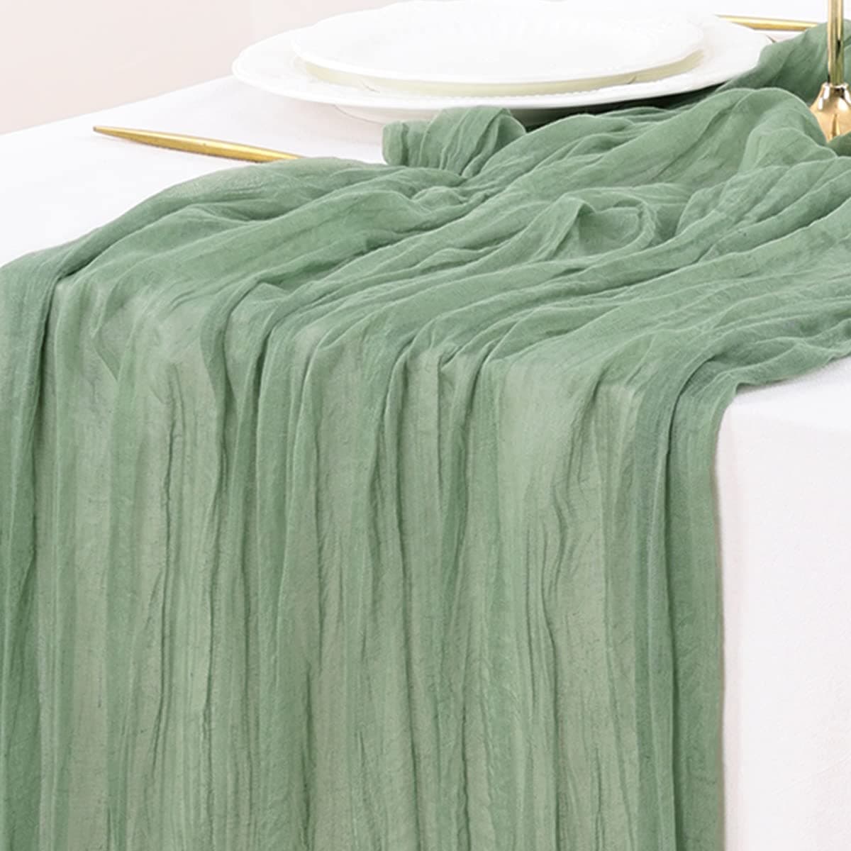 Socomi 10pcs Sage Green Cheesecloth Table Runner Summer Boho Rustic Gauze 120 inch 10FT Cheese Cloth Runner for Wedding Party Baby Shower Home Decor Holiday Decorations