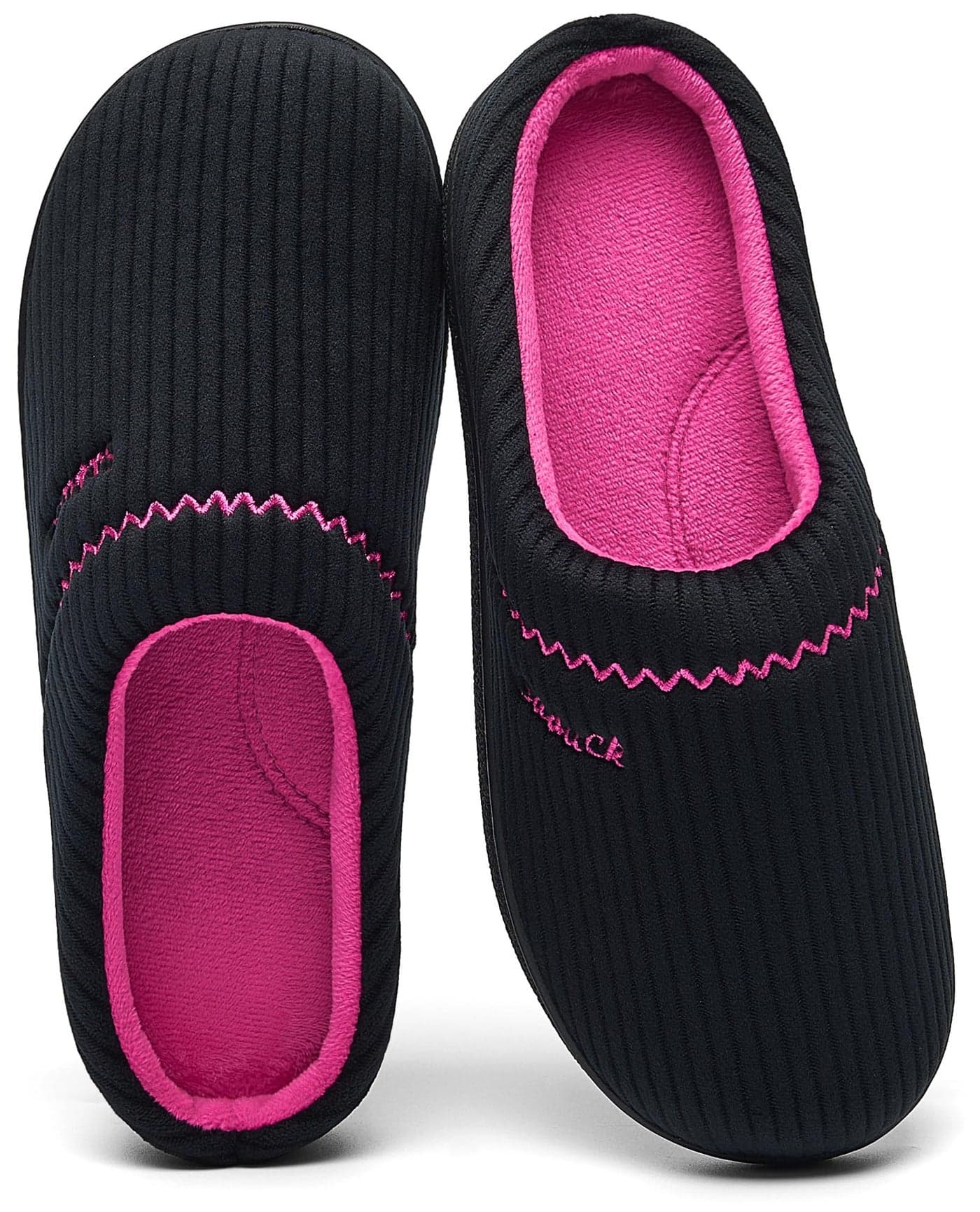 House Slippers for Women with Arch Support | Memory Foam Non-Slip, Two Tone Embroidered Soft Home Slippers, Black Pink 8