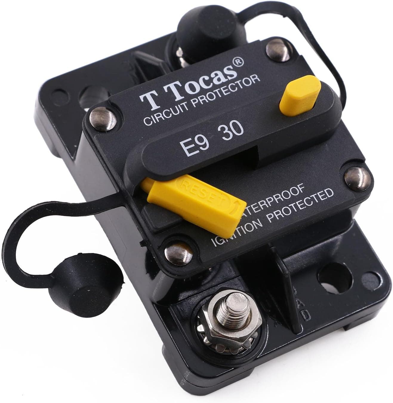 T Tocas E9 30 Amp Circuit Breaker with Manual Reset | 12V - 72V DC | Waterproof IP67 Protection