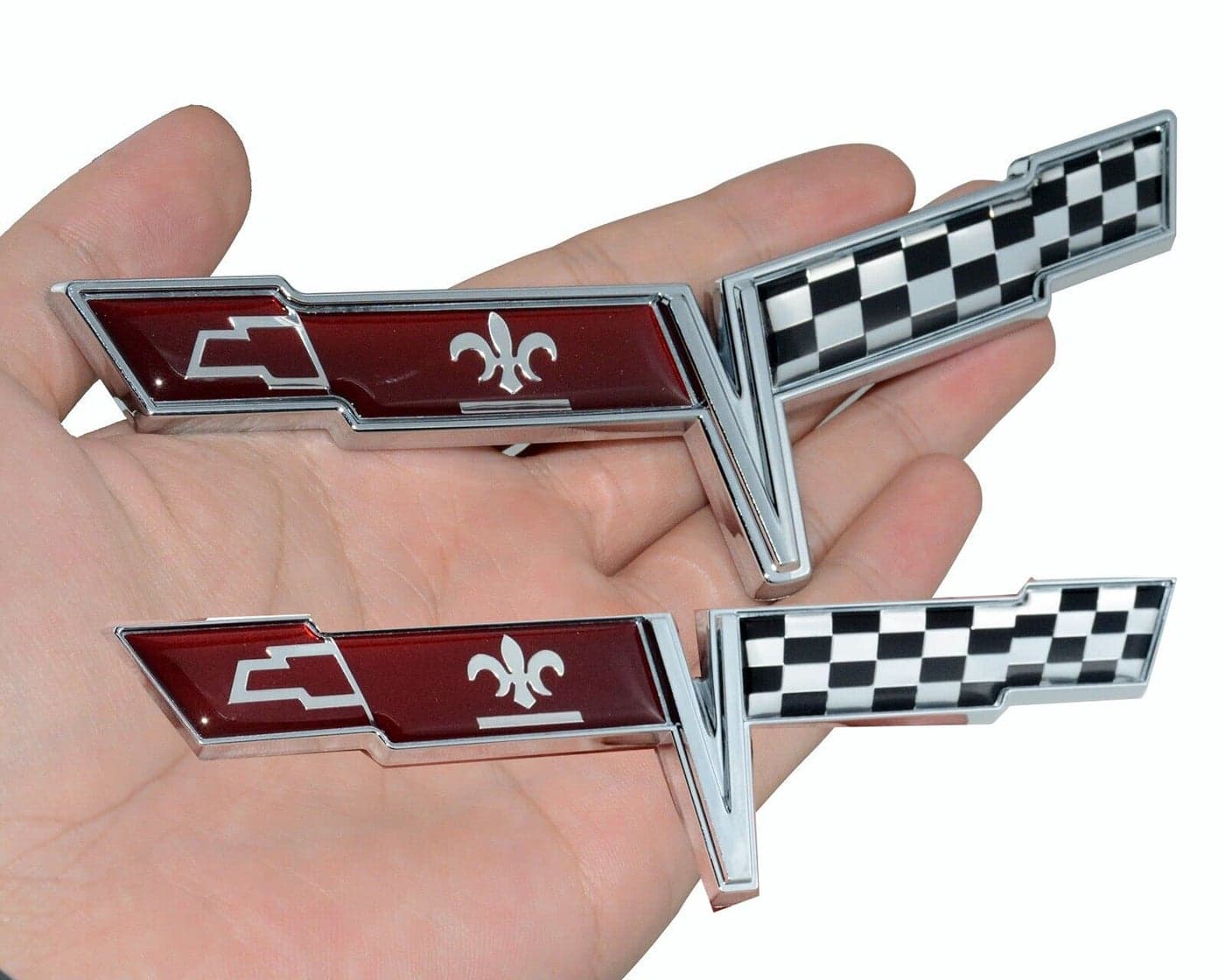 Pair Set 1980 Corvette C3 Front Nose Emblem and Rear Deck Gas Lid 3D Door Deck Crossed Flags Badge Replacement for Corvette (Chrome Red Black)