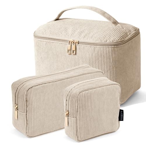 MAGEFY Makeup Bag, 3 Pcs Cosmetics Bag Large Capacity with Handle Make Up Bag for purse Corduroy Bag Pouch for Purse Travel Makeup Organizer -Grey