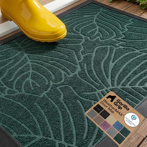 GORILLA GRIP 100 Waterproof AllSeason WeatherMAX Doormat US Designed Natural Rubber Stain and Fade Resistant Low Profile Indoor Outdoor Door Mats Easy Clean Patio Mat 29x17 Green Palm