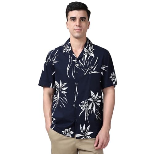 Peter England Men Navy Regular Fit Print Half Sleeves Casual Shirt