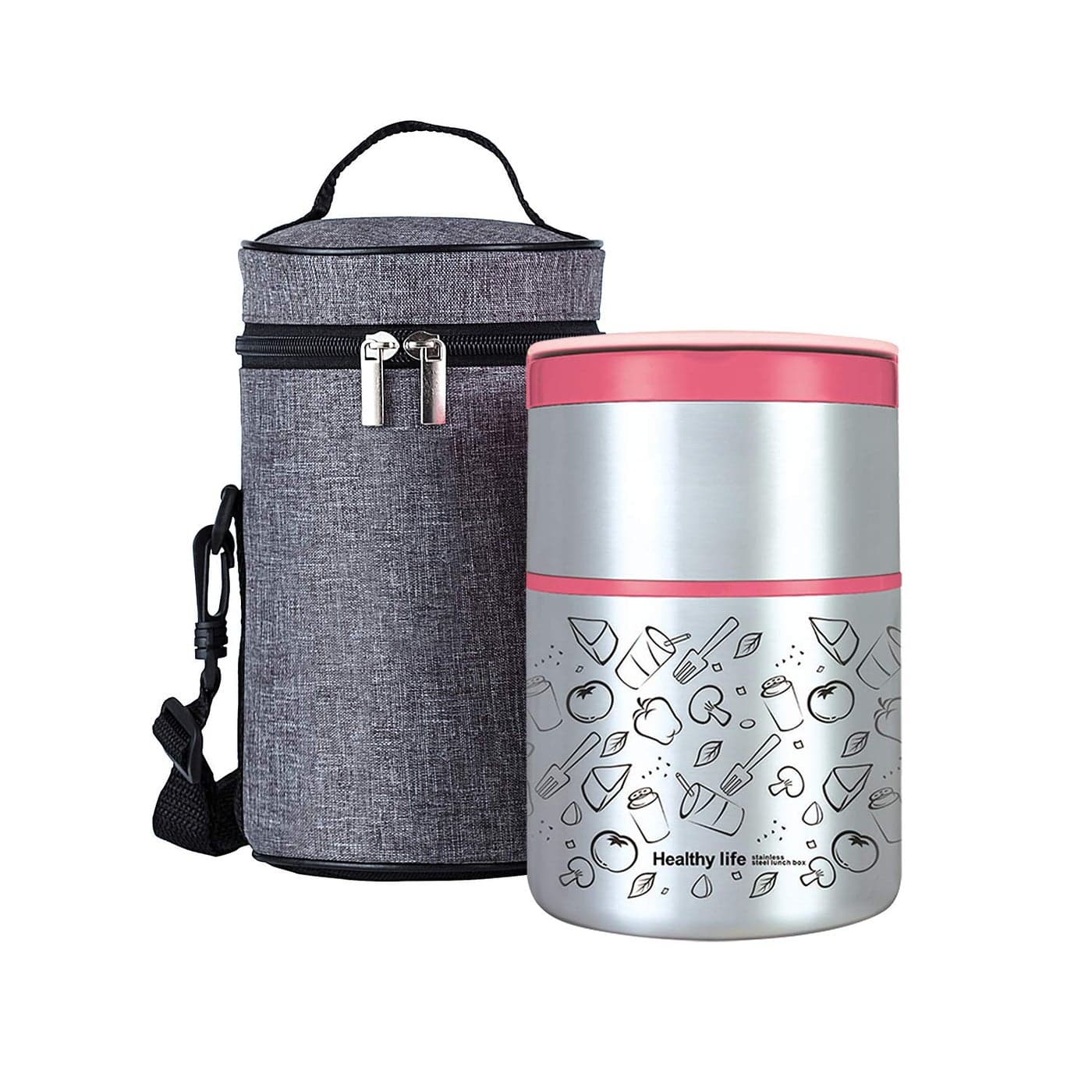 Lille Home Vacuum Insulated Stackable Stainless Steel Thermal LunchSnack box 2Tier BentoFood Container with Lunch bag Smart Diet Weight Control 32 Ounces Pink