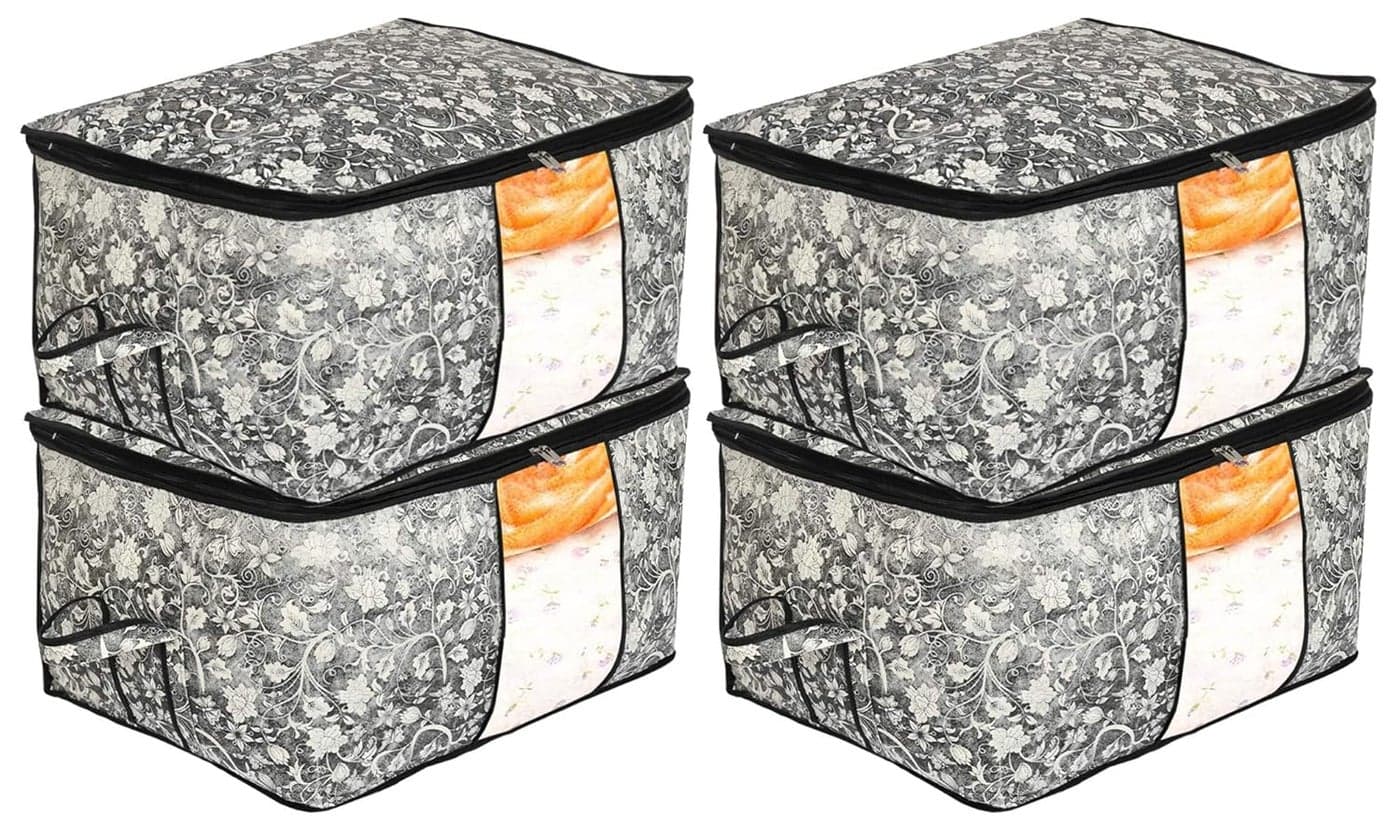 Kuber Industries Metalic Flower Print Non Woven 4 Pieces Underbed Storage BagCloth OrganiserBlanket Cover with Transparent Window BlackKUBMART16603