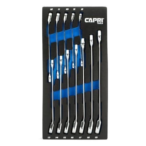 Capri Tools 120Tooth UltraSmooth Reversible Ratcheting Wrenches Set XL Long Series 12Point 8 to 19 mm Metric 12Piece with Merchanics Tray