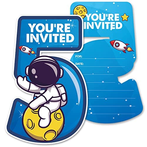 Opomzk Outer Space 5th Birthday Party Invitations with Envelopes, 20 Set Cute Astronaut Five Shaped Invitations Cards Fifth Birthday Party Invites Supplies Favors for Boys Kids, Double-Sided