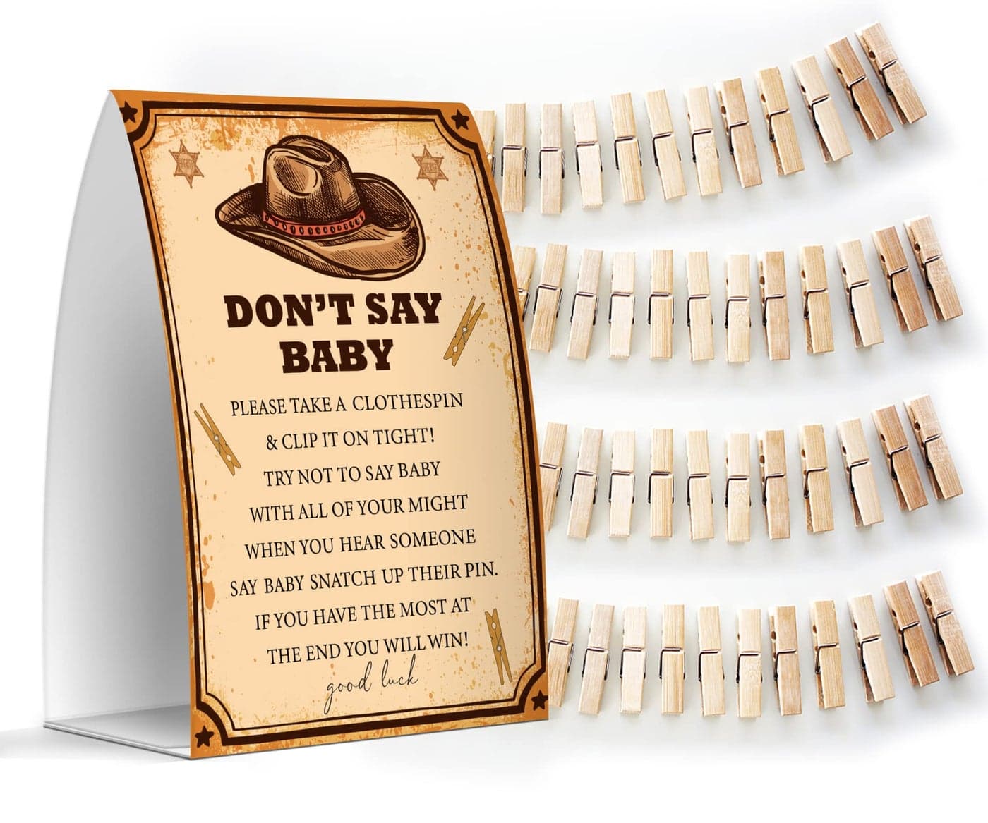 Dont Say Baby Set One 5x7 Sign and 50 Mini Clothespins Baby Shower Games Baby Shower Decoration Gender Neutral Baby Shower MsJb020
