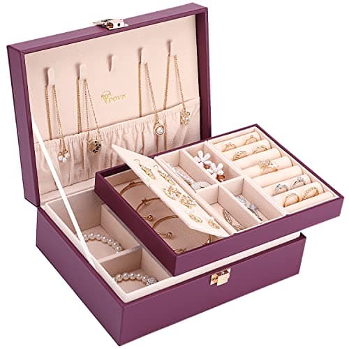 Voova Jewelry Box Organizer for Women Girls 2 Layer Large Men Jewelry Storage Case PU Leather Display Jewellery Holder with Removable Tray for Necklace Earrings Rings Bracelets Vintage Gift Purple