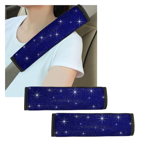 Gasedin 2 PCS Bling Car Seat Belt Cover Sparkle Leather Seat Belt Pads with Rhinestone Diamonds Glitter Seatbelt Cushions for Women Girl Universal Interior Car Accessories Blue