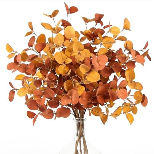 ZIFTY 6 Pcs Fall Stems Artificial Eucalyptus 26.7'' Tall Decor Fake Silver Dollar Leaves Branches for Vase Bouquets Farmhouse Autumn Party Centerpieces Floral Arrangements Yellow & Brown