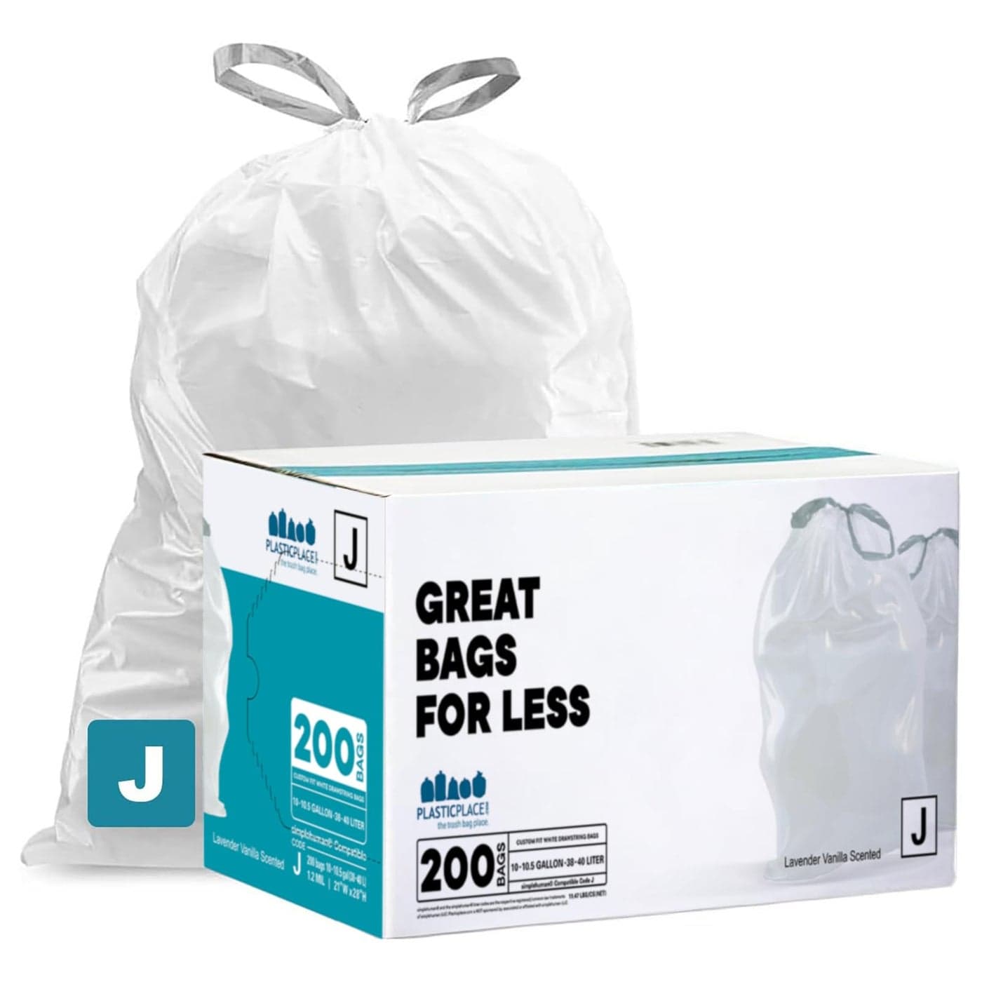 Plasticplace White Drawstring Lavender and Soft Vanilla Scented Garbage Can Liners Compatible with Code J 200 Count 10105 Gallon 3840 Liter 21 x 28