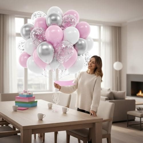 Toys Treasure 60Pcs Metallic Silver Pink White Confetti Balloons for Birthday Baby Shower Wedding Bridal Shower Anniversary Party Decorations