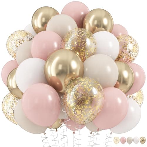 Dusty Pink and Gold Balloons Set 60Pcs 12 Inch Retro Blush Pink White Sand Beige Metallic Gold Latex Balloon with Gold Confetti Boho Balloon for Birthday Baby Bridal Shower Wedding Party Decorations