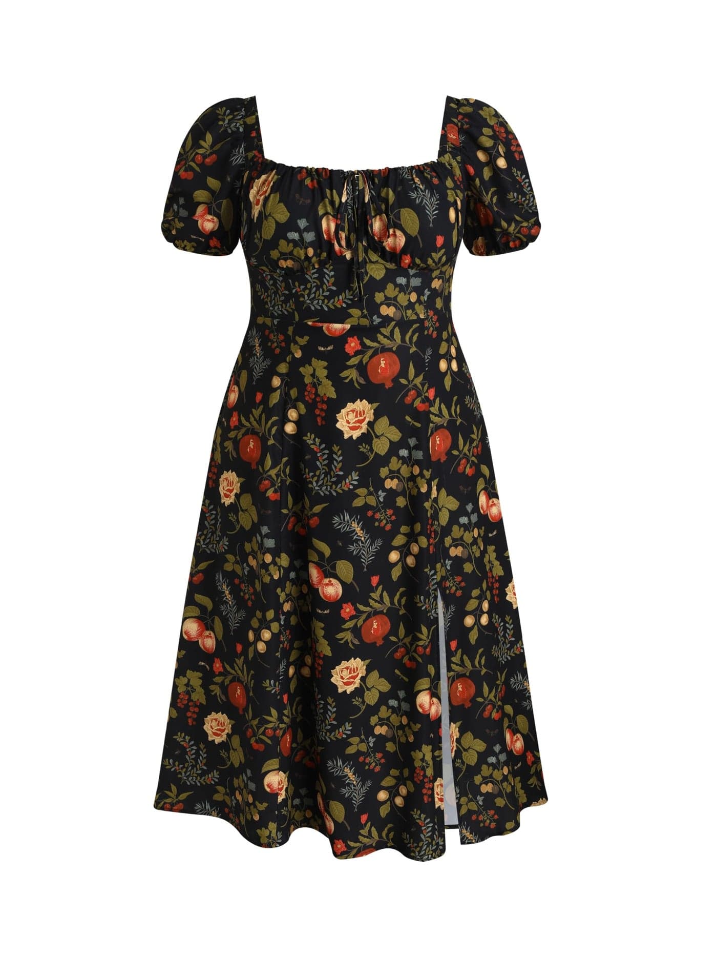 CIDER Plus Size Midi Dress Summer Fruit Patterned Square Neck Puff Sleeve Boho Vacation Casual Midi Dress for Curvy Women Multicolor