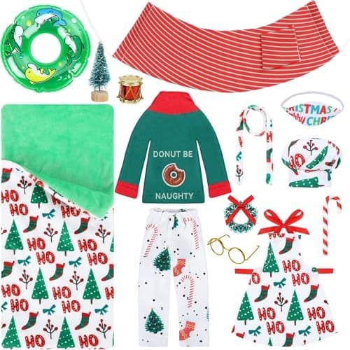 UPINS 14 Pcs Christmas Elf Doll Accessories Set with Sleeping Bag Top Pants Apron Chef Hat Scarf Glasses Swimming Circle Hammock Xmas Accessory for Doll Decorations