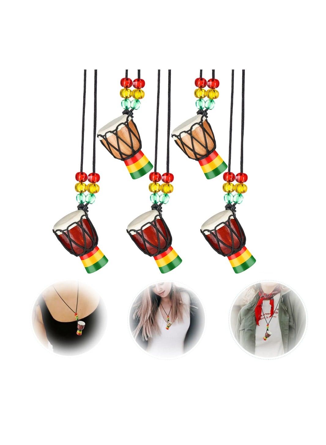 Instrument Necklaces, 5 Pcs Wooden Classic Djembe Drum Jewelry Necklace, Mini Pendant African Drum Bongos Percussion Jewelry Necklace, Kids Adults Party Supply School Gift