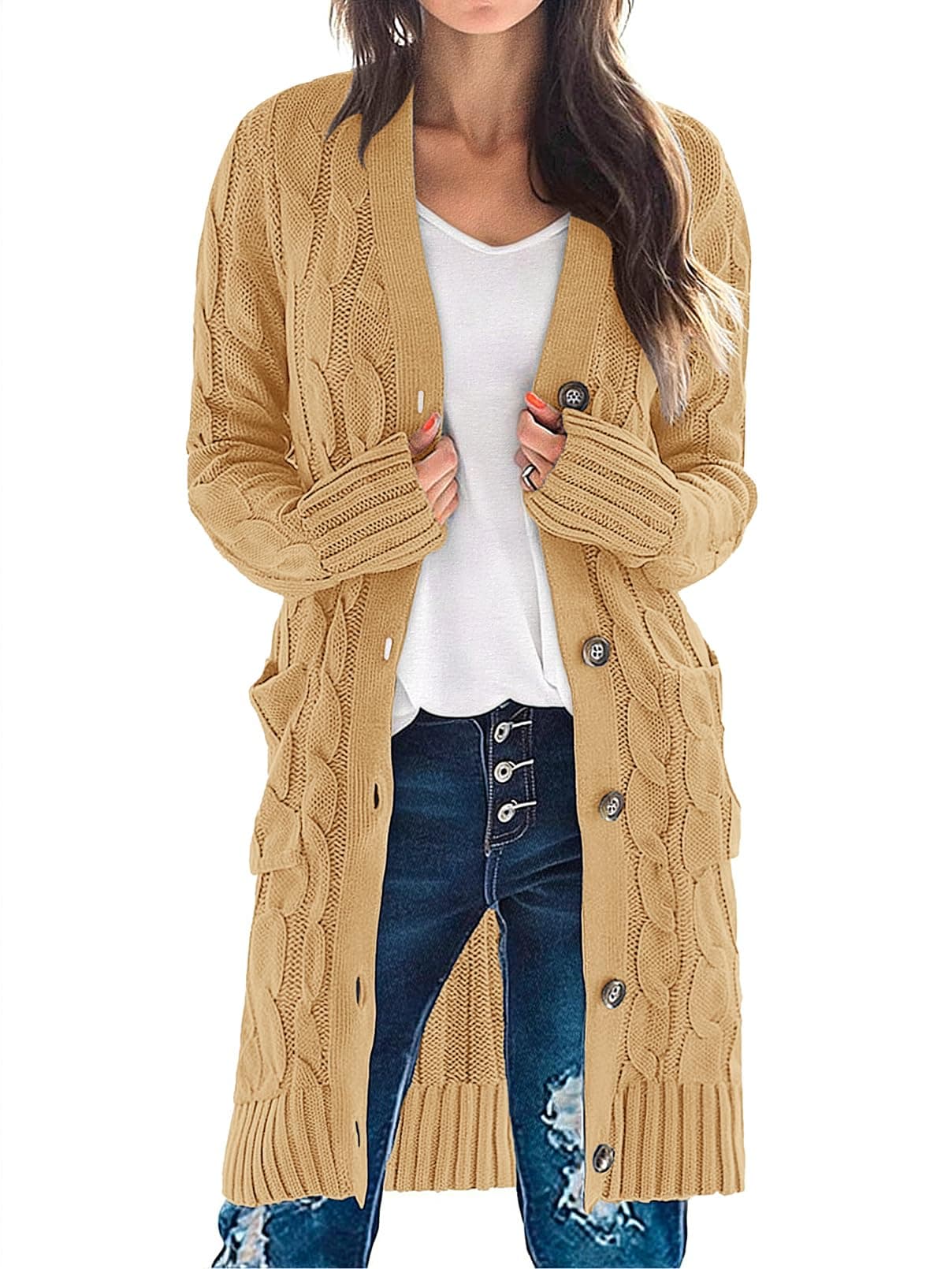 MEROKEETY Women's 2025 Long Sleeve Cardigan Sweater Fall Winter Cable Knit Open Front Button Long Outerwear, Khaki, M