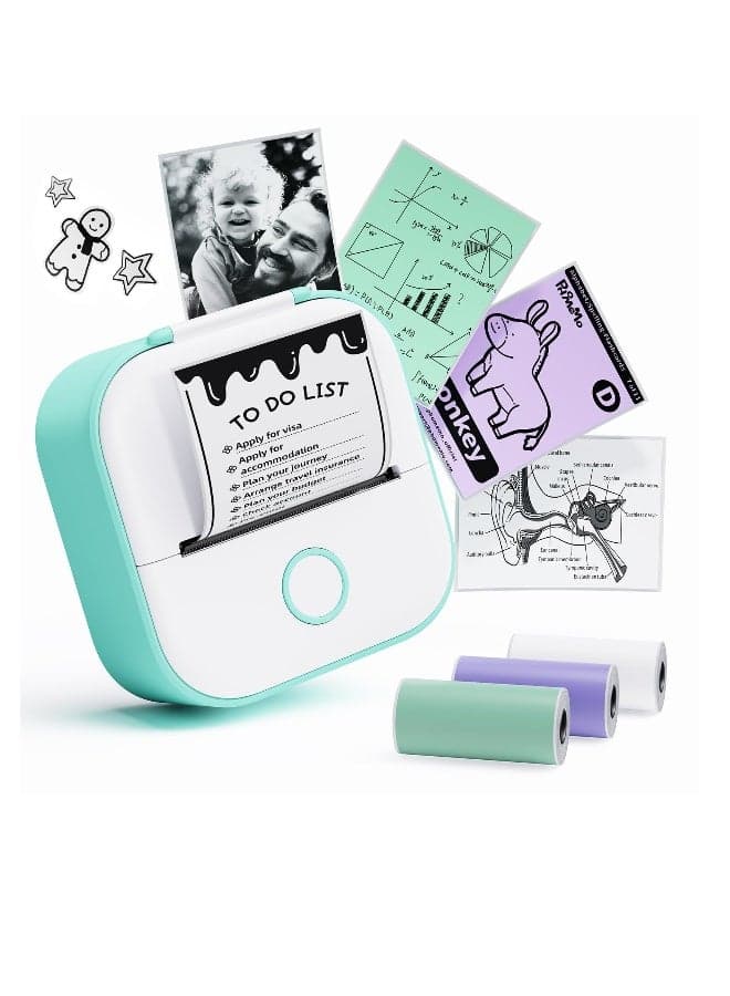 Mini Pocket Sticker Printer T02 with Three Rolls of Paper Ideal for Kids Anatomy Flashcards Journals Photos Notes Creative Gift Green
