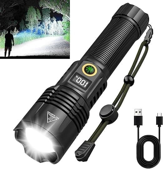 Zorzel 200000 Lumen Rechargeable Tactical Flashlight Bright Torch Flashlight with 5 Modes Waterproof Zoomable XHP50 LED for Hiking Hunting Camping Emergency Outdoor Sport
