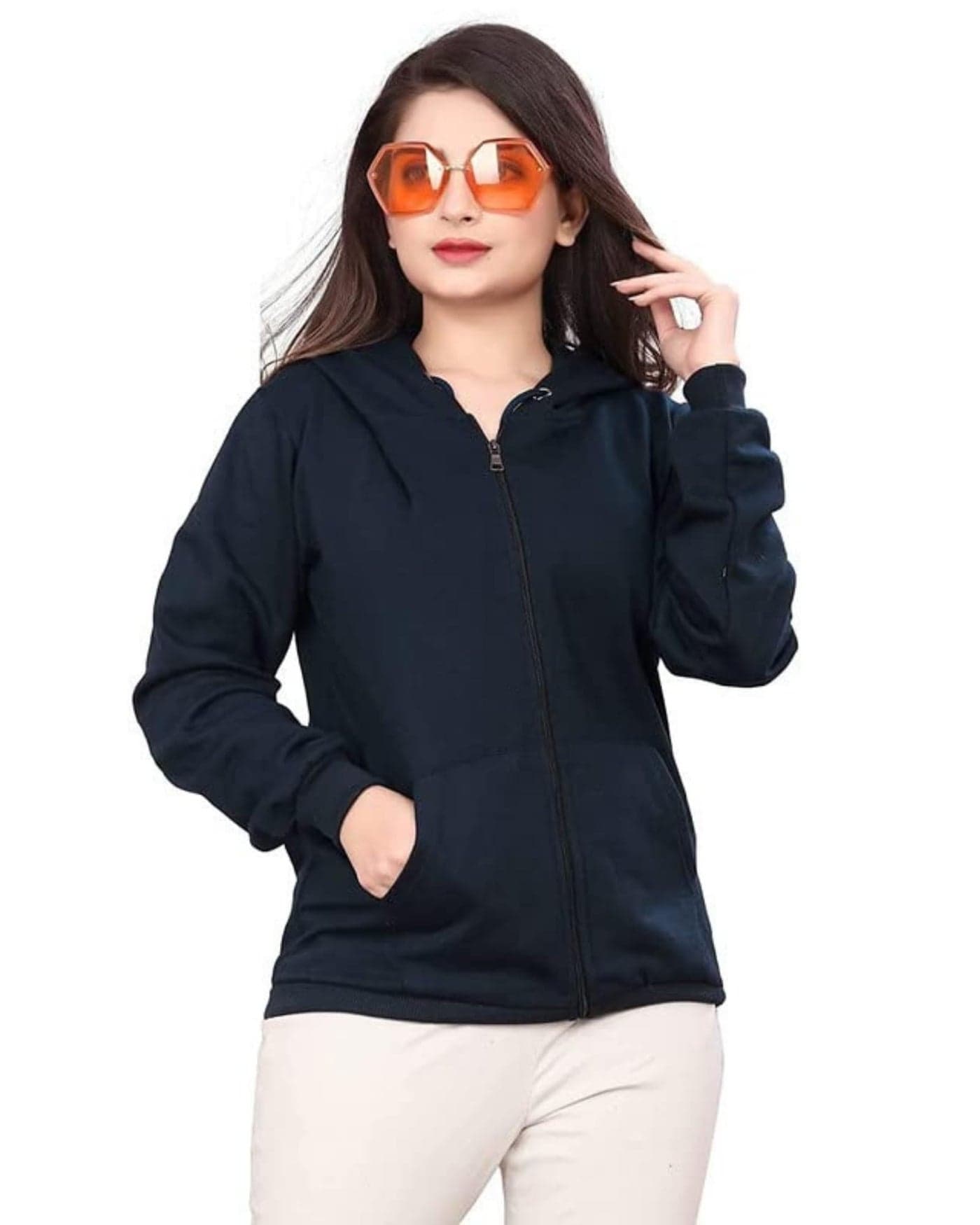 BAGHADBILLO Unisex-Adult Cotton Neck Hooded Sweatshirt (1Zip Clouser Hoodie_Navy Blue