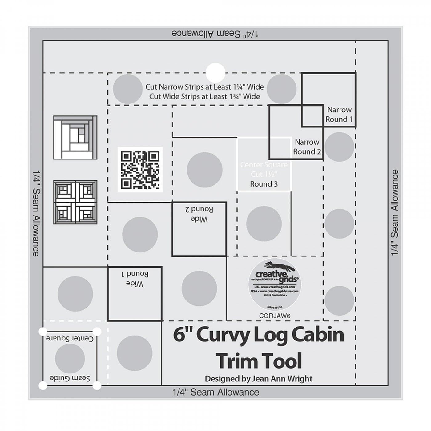 Creative Grids Curvy Log Cabin Trim Tool Quilt Ruler CGRJAW6 Made in USA 612in x 612in NonSlip Grip Acrylic Quilting Sewing Crafting Patchwork Ruler Template