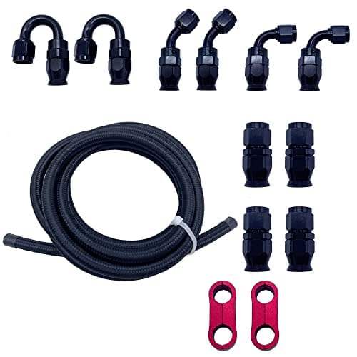 6AN Fuel Line Kit PTFE E85 Hose 10FT Stainless Steel Braided High Pressure Fuel Line Black with 10pcs Swivel Fuel Hose Fitting Adapters Kit and 2pcs Hose Separator Clamp