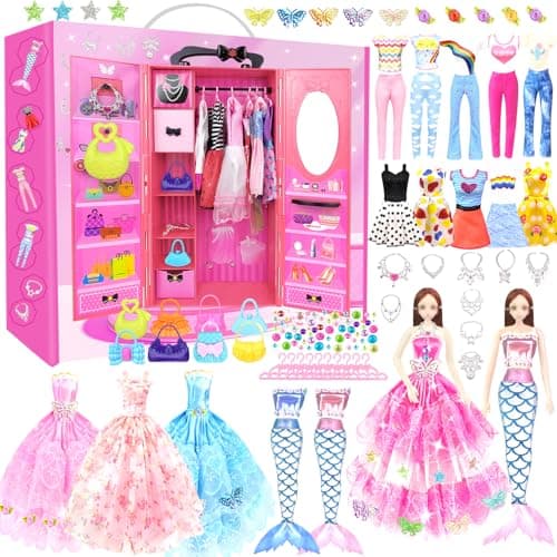 66Pcs Doll Clothes and Accessories with Doll Closet for 115 Inch Doll Dress up Set with 1 Doll Fashion Dresses Outfits Tops and Pants Shoe Rack Bags Gift Toy for Girls 4 5 6 7 8 9 10 Years