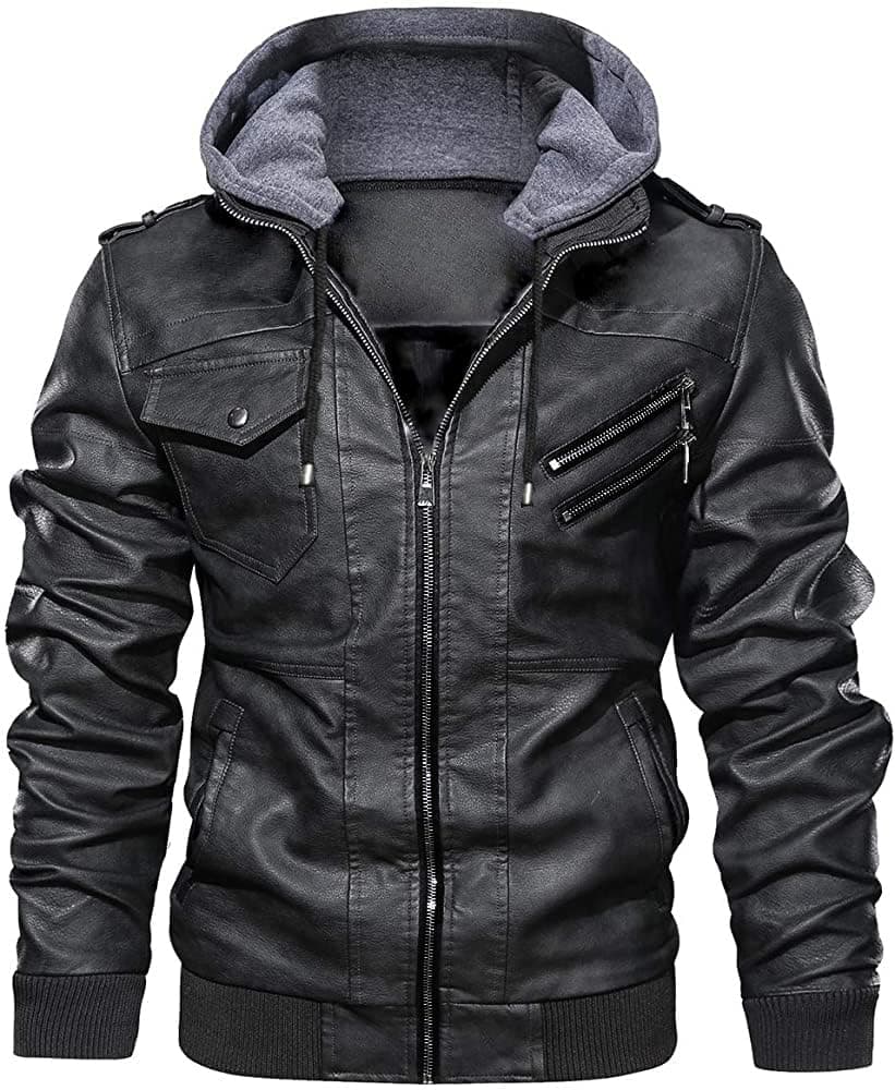 Pomo-Z Men’s Casual Stylish Premium PU Leather Zip-Up Motorcycle Biker Bomber Jacket With a Removable Hood (IN, Alpha, M, Regular, Black 2)
