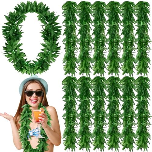 Yuxung 12 Pcs Tropical Green Leis Fern Leaf Necklace Green Fake Hawaiian Leis Artificial Fern Garland for Summer Luau Beach Pool Party Favors Decorations, 43 Inches