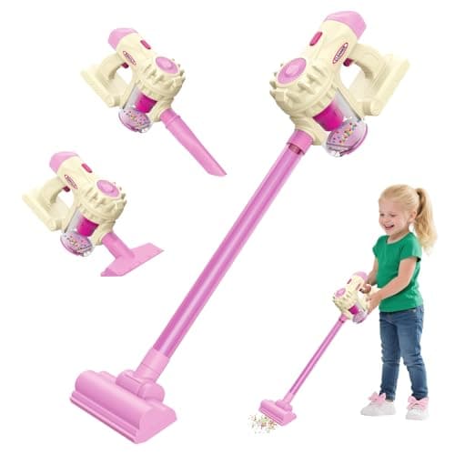 Kids Vacuum Toy That Really Works 3 in 1 Toddler Vacuum Cleaner with Realistic Suction Role Play STEM Educational for Girl Boy 3 4 Year Old Pink