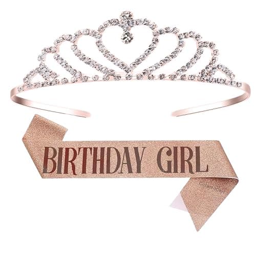 Curated Cart Stylish Birthday Sash and Crown Set - 2 Pcs | Birthday Girl Crown & Sash for Best Friend, Sister, Teenager | Perfect Gifts & Decorations Rosegold Tiara Set